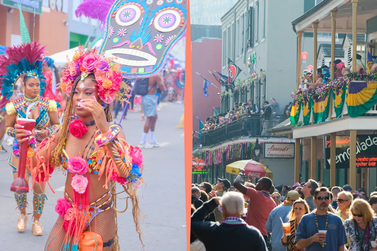 Colorful carnival costumes and street celebrations compared with Mardi Gras festivities in a decorated city street.