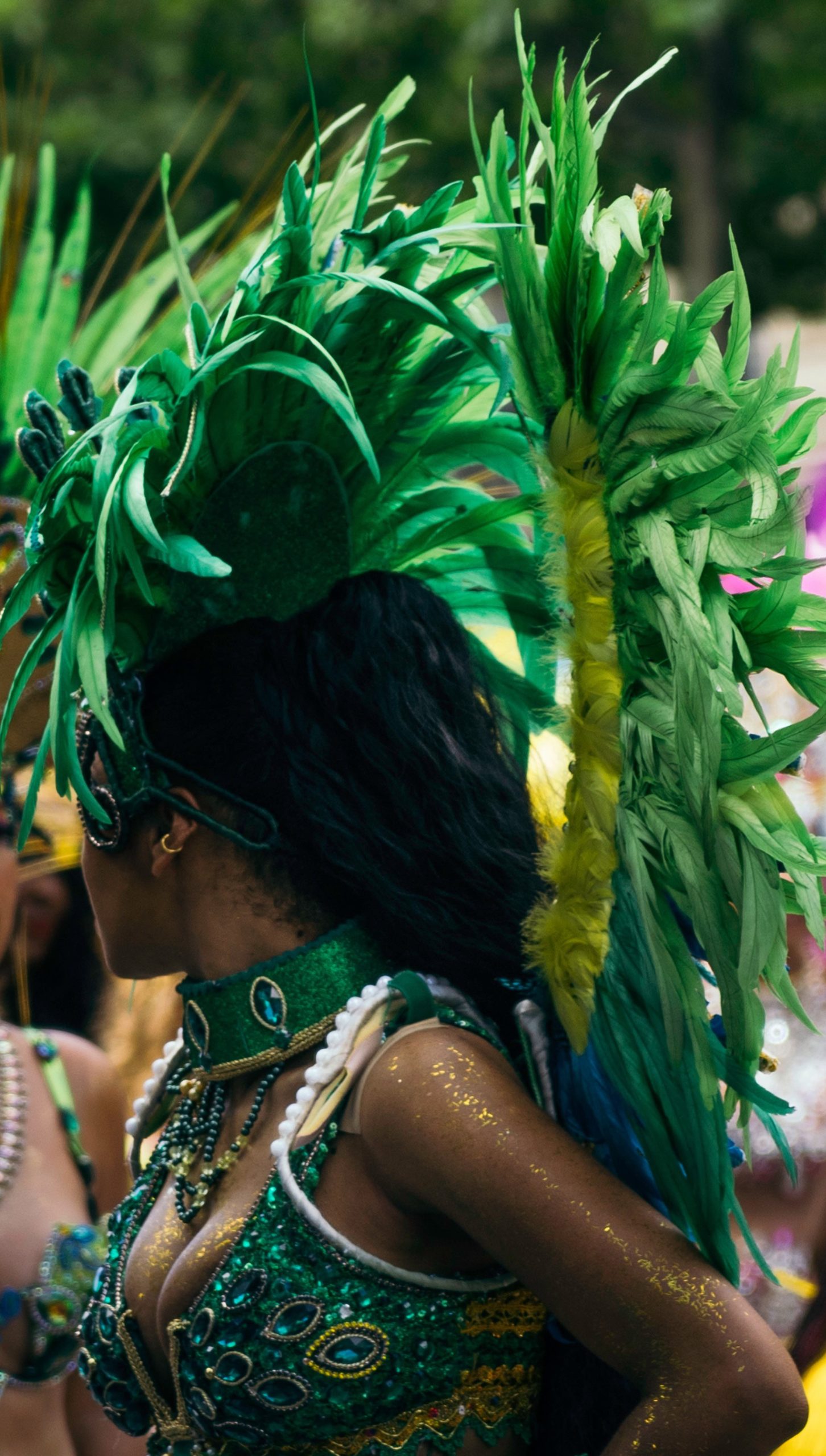 Back view of a masquerader in a vibrant green costume at a Carnival parade