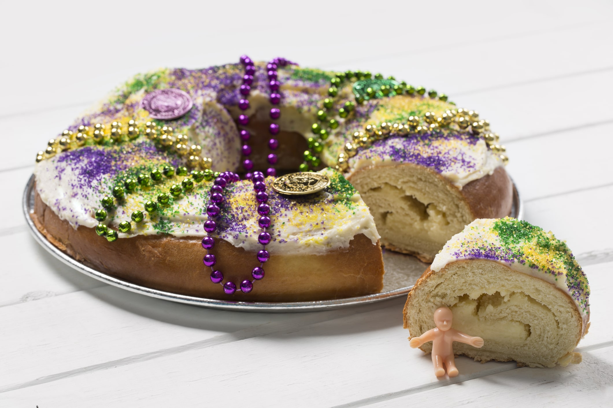 Traditional King Cake from New Orleans, USA, enjoyed during Carnival celebrations