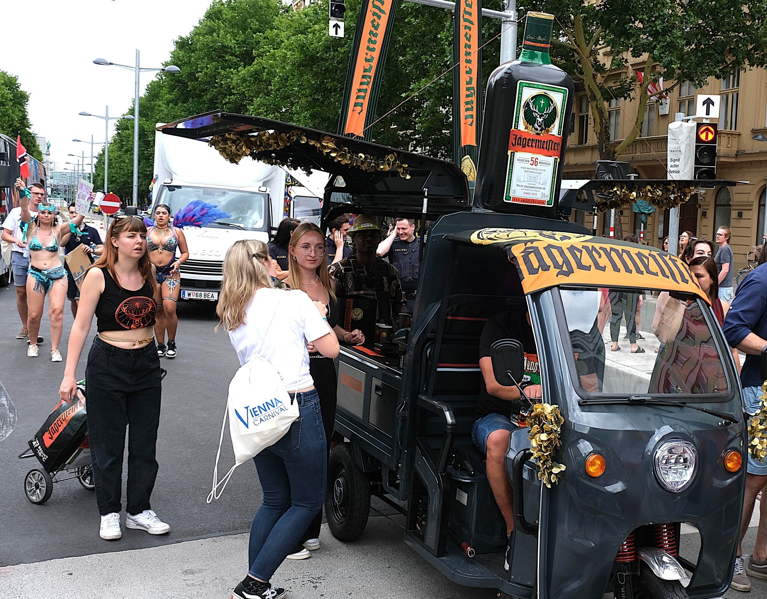 Jägermeister drink truck serving festival-goers at Vienna Carnival, featured in the blog “The Economic Impact of Carnival Festivals: Beyond the Revelry.”