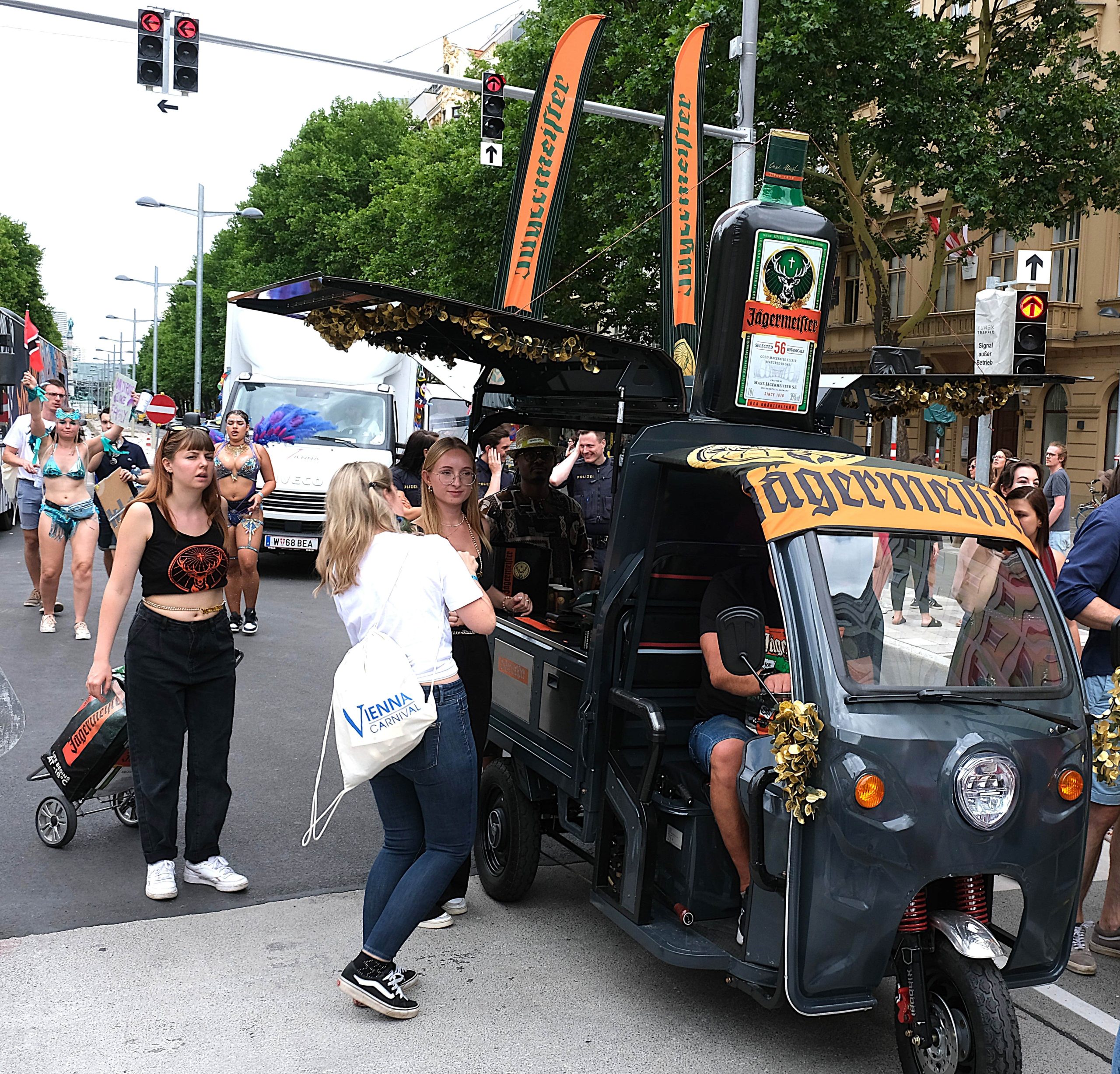 Jägermeister drink truck serving festival-goers at Vienna Carnival, featured in the blog “The Economic Impact of Carnival Festivals: Beyond the Revelry.”