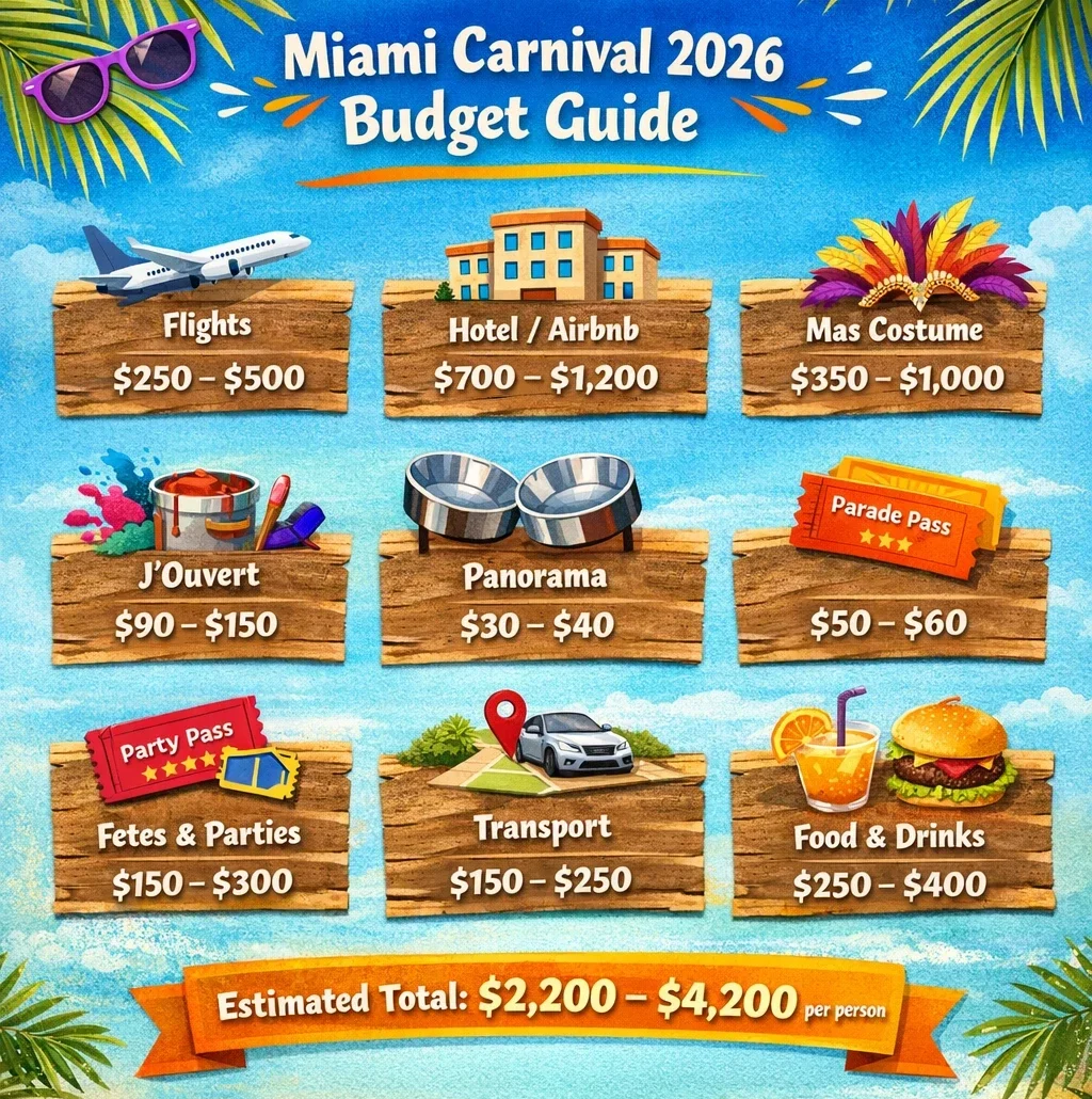 Miami Carnival 2026 budget infographic showing estimated costs for flights, hotels, mas costumes, fêtes, food, transportation, and total trip expenses