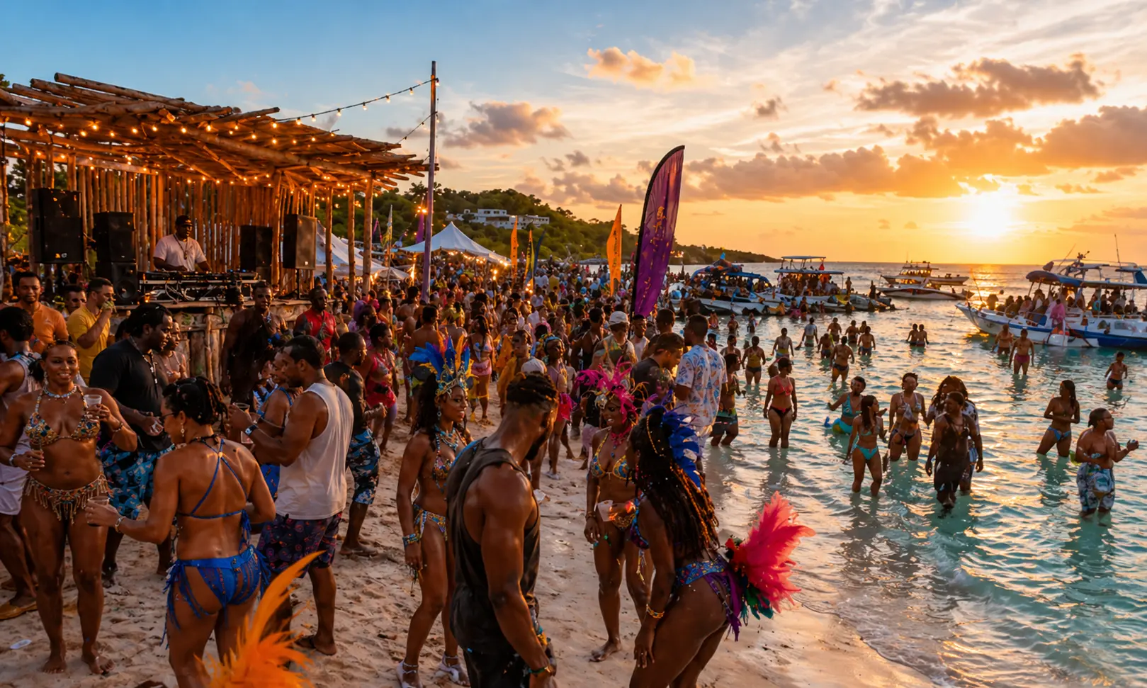 Crowds enjoying a beach party with live steelpan music and boats at sunset during Anguilla Summer Festival in Anguilla.