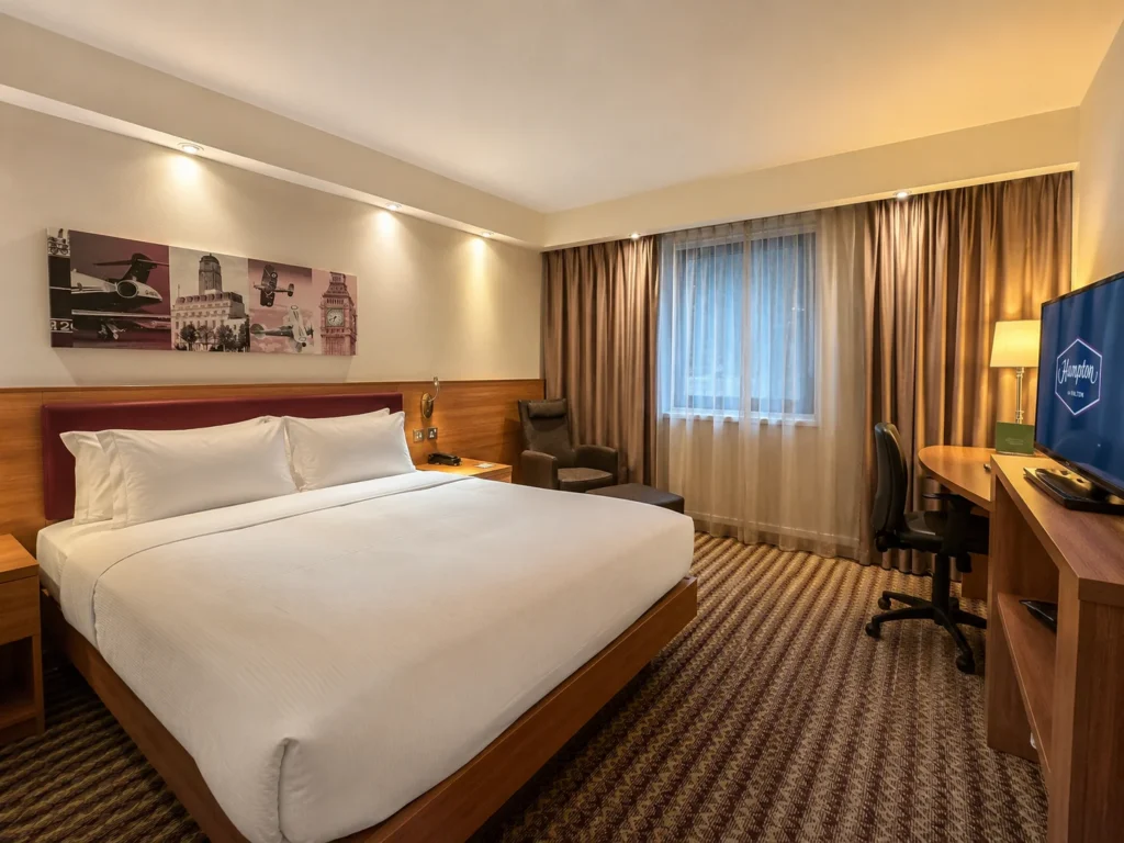 Comfortable room at Hampton by Hilton London Luton Airport during a Luton Carnival stay