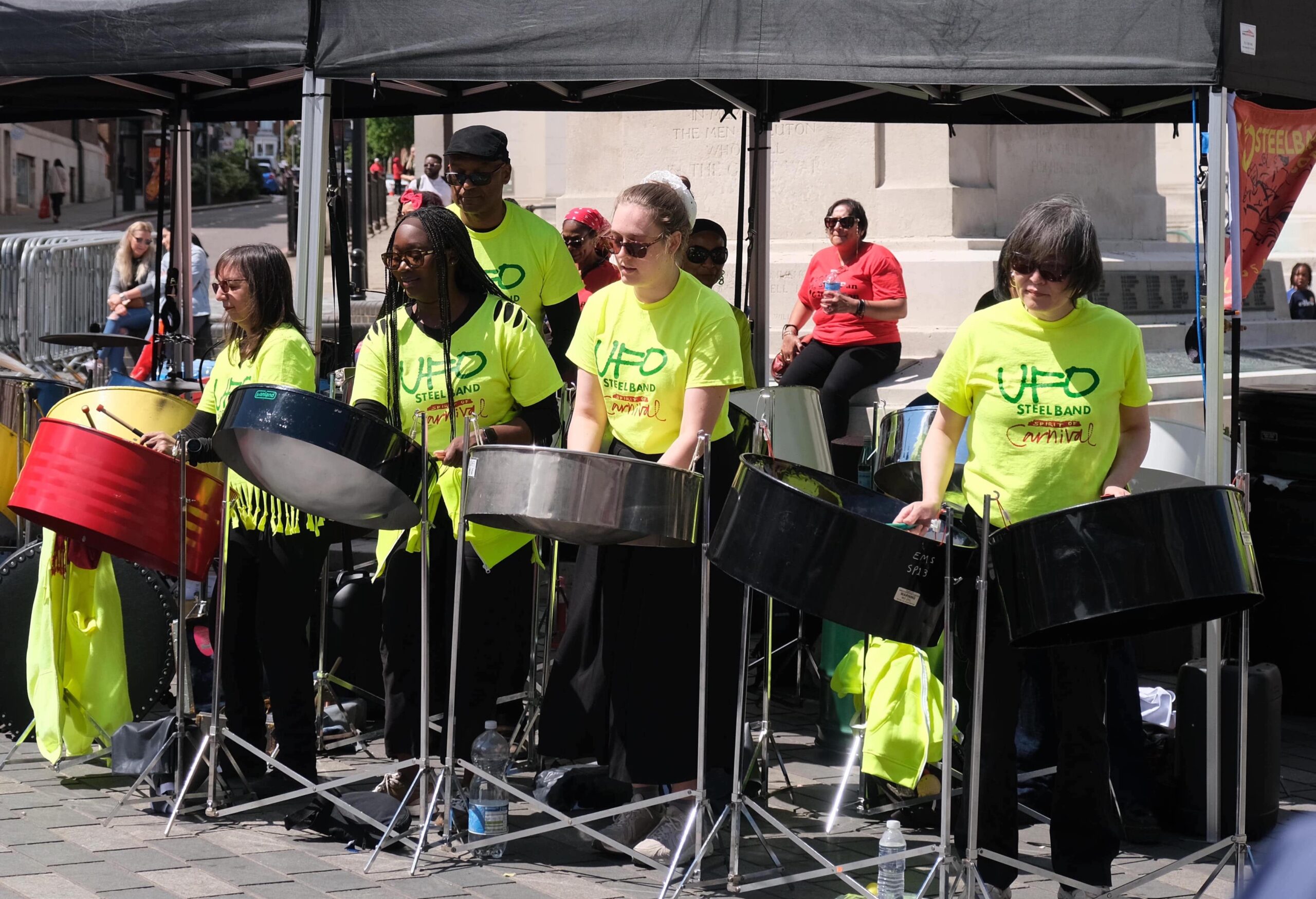 UFO Steelband performing on steelpans at the 2025 Luton International Carnival, showcasing Caribbean music, rhythm, and culture at the UK’s largest multicultural street festival.
