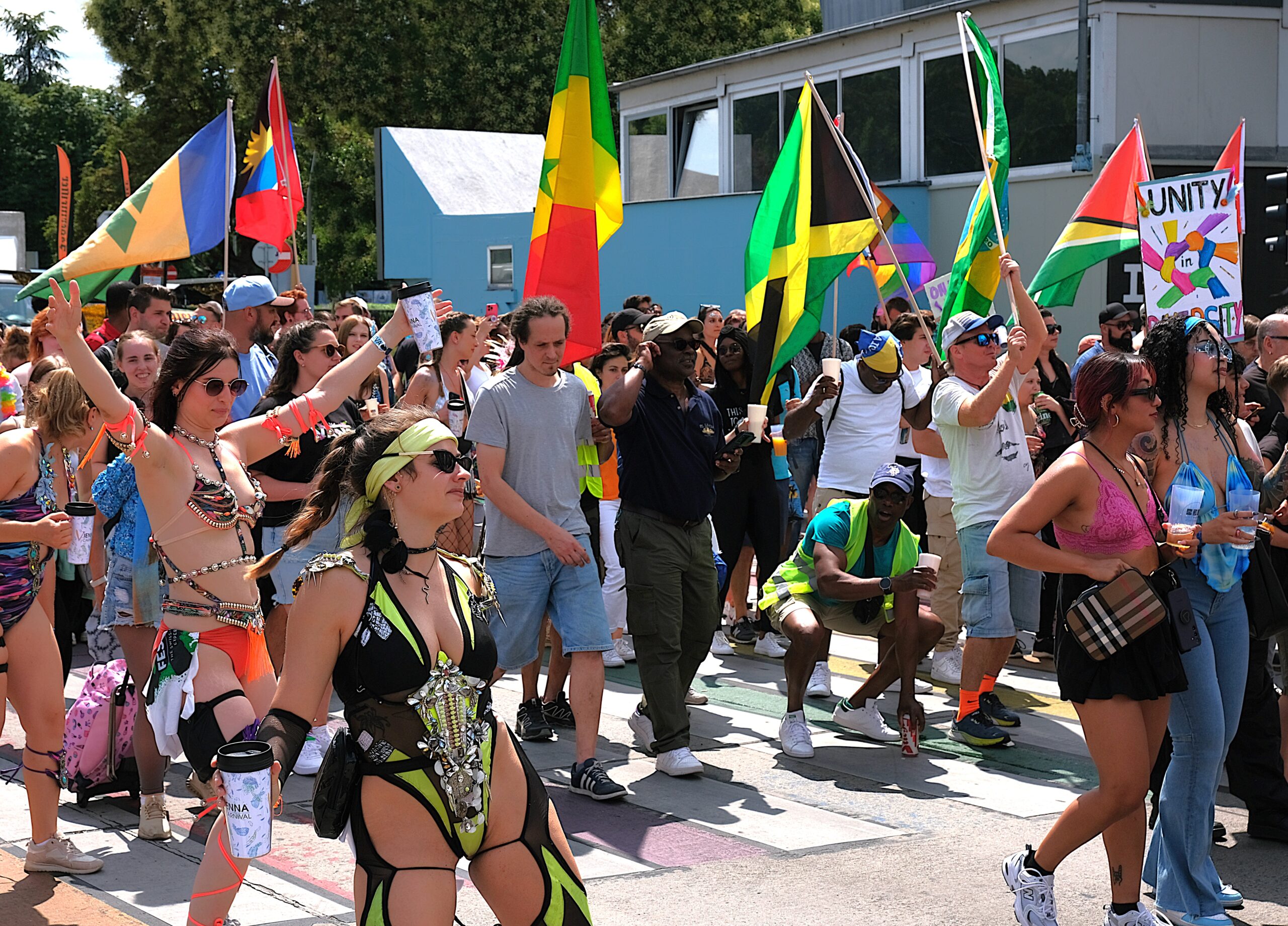 Crowd of people dancing at the Vienna Carnival Road March in summer 2024, celebrating music, culture, and unity in Austria’s biggest Caribbean-inspired festival.