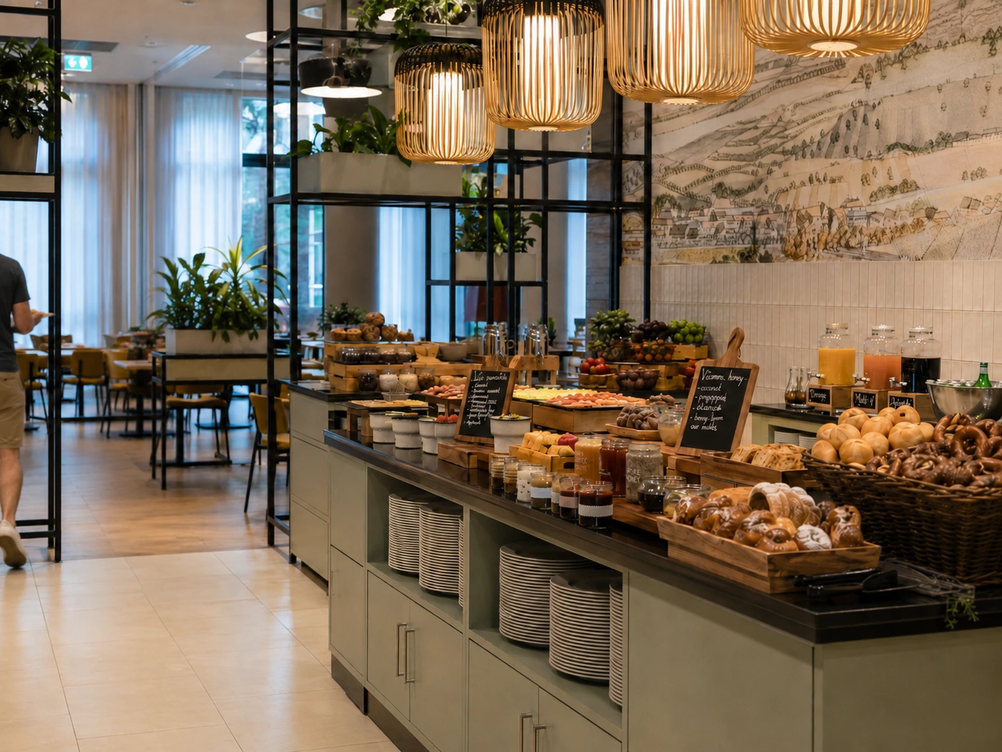 Man walking from the breakfast buffet at Courtyard by Marriott Vienna Prater/Messe during a Vienna Carnival stay