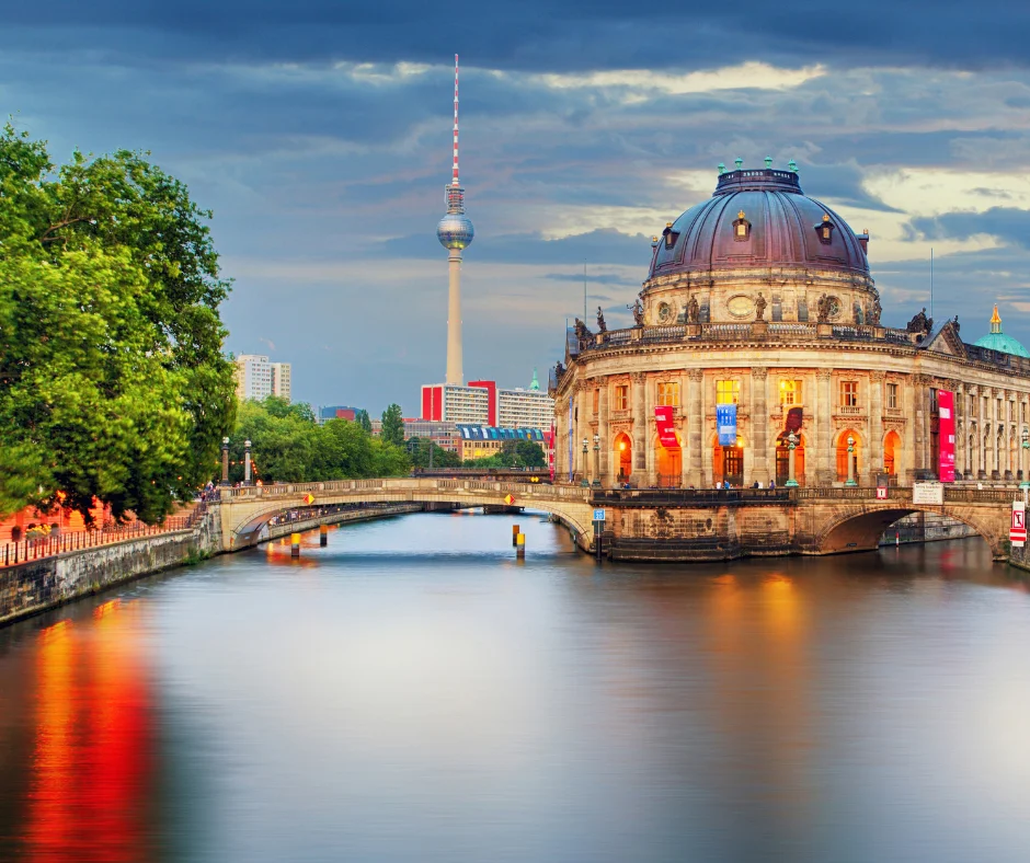 Berlin cityscape featuring the Spree River, Museumsinsel, and TV Tower, highlighting cultural sightseeing as one of the things to do in Berlin during Carnival weekend.