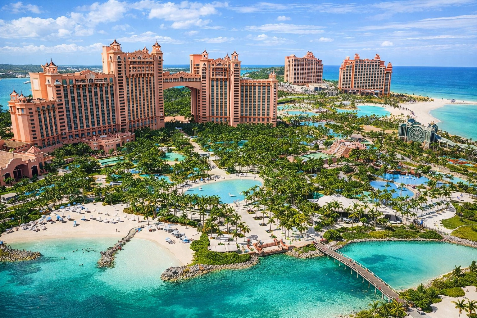 Aerial view of Atlantis Paradise Island in the Bahamas with turquoise lagoons, palm-lined beaches, and the iconic pink Royal Towers – best hotels & areas to stay in nassau.