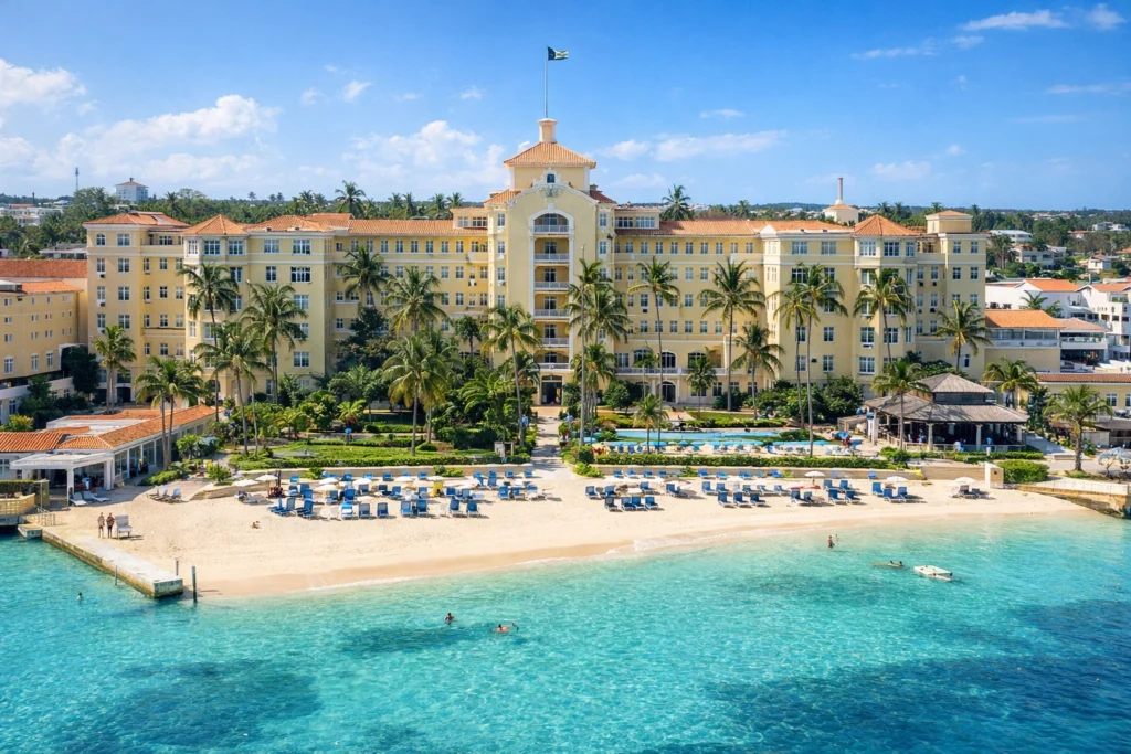 Beachfront view of British Colonial Nassau hotel with yellow colonial architecture, palm trees, and crystal-clear turquoise water – best hotels & areas to stay in nassau.