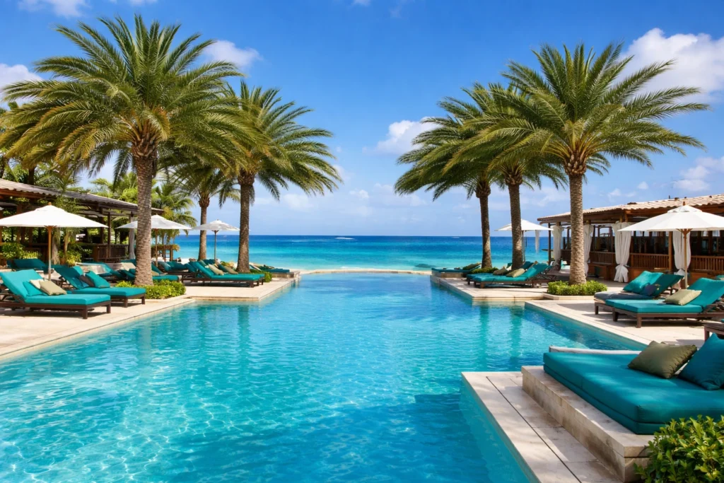 Oceanfront resort pool with palm trees and turquoise water in Anguilla, perfect for visitors attending Anguilla Summer Festival 2026.