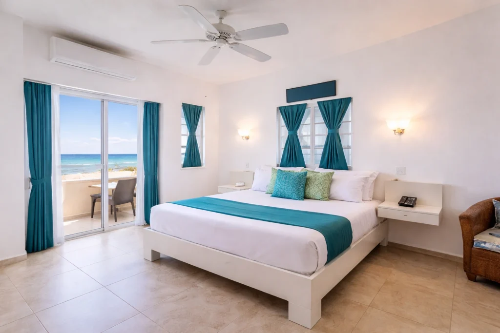 Modern beachfront hotel room in Anguilla with ocean-view balcony, ideal accommodation for Anguilla Summer Festival 2026 visitors.