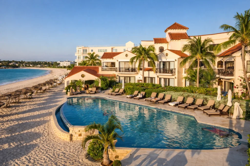 Luxury beachfront resort in Anguilla with oceanfront pool and palm trees, perfect stay for Anguilla Summer Festival 2026 travelers.