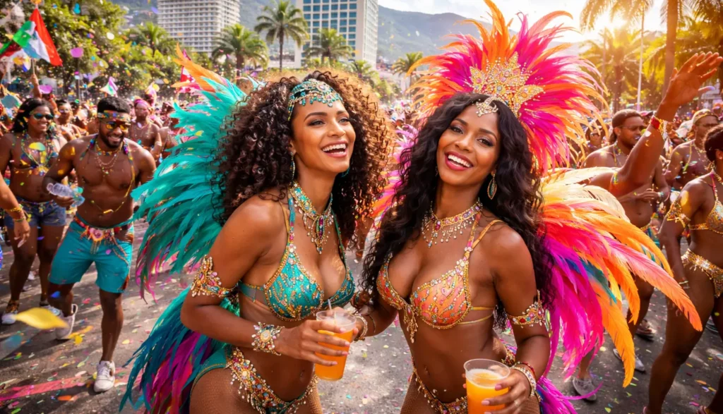 AI illustration of Cayman Carnival parade featuring colorful masqueraders near hotels for Cayman Carnival, capturing the vibrant atmosphere visitors can expect during Carnival weekend