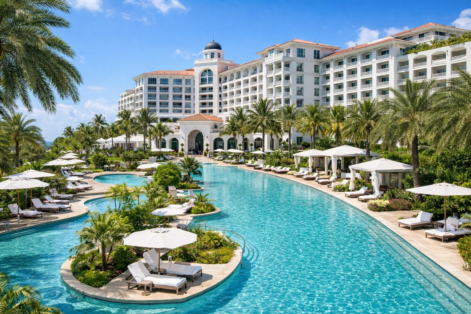 Luxury Rosewood Baha Mar resort in Nassau featuring elegant white architecture, palm trees, infinity pools, and beachfront setting – best hotels & areas to stay in nassau.