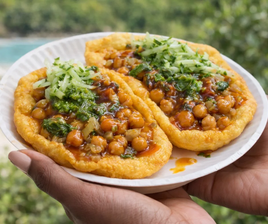 Close-up of traditional doubles topped with curried chickpeas, fresh cucumber, and green chutney on fried flatbread.