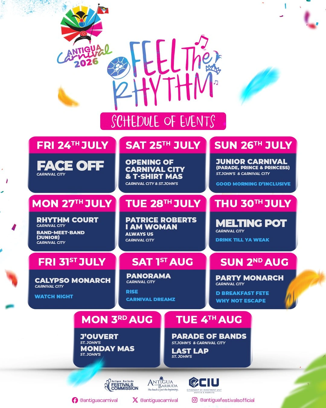 Antigua Carnival 2026 schedule of events showing key dates including T-Shirt Mas, Panorama, J’ouvert, and Parade of Bands in St. John’s