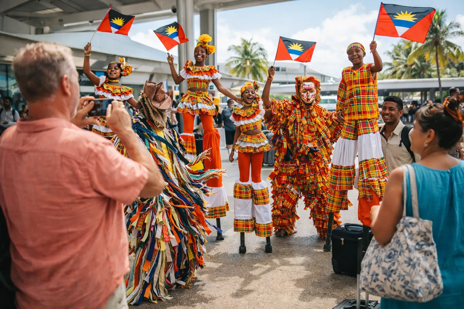 Antigua Carnival performers welcoming travelers at airport with moko jumbie stilt dancers, colorful madras costumes, and traditional Caribbean masqueraders