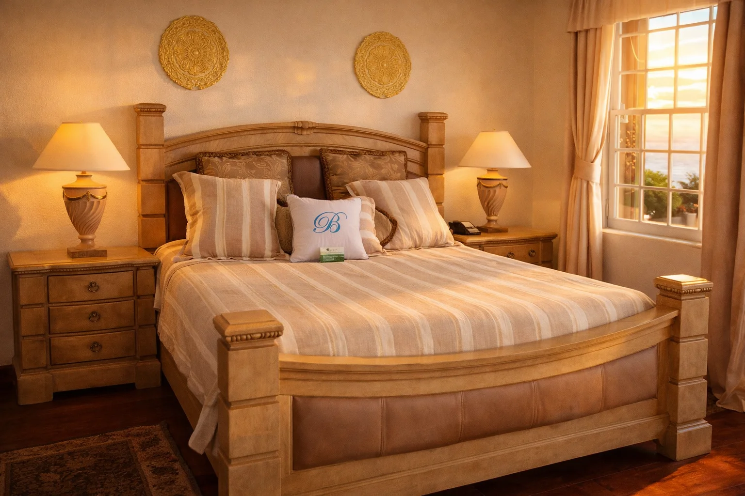 Beachcombers Hotel king bedroom with warm lighting, wooden furniture, and ocean-view window at VincyMas Hotels in St. Vincent.