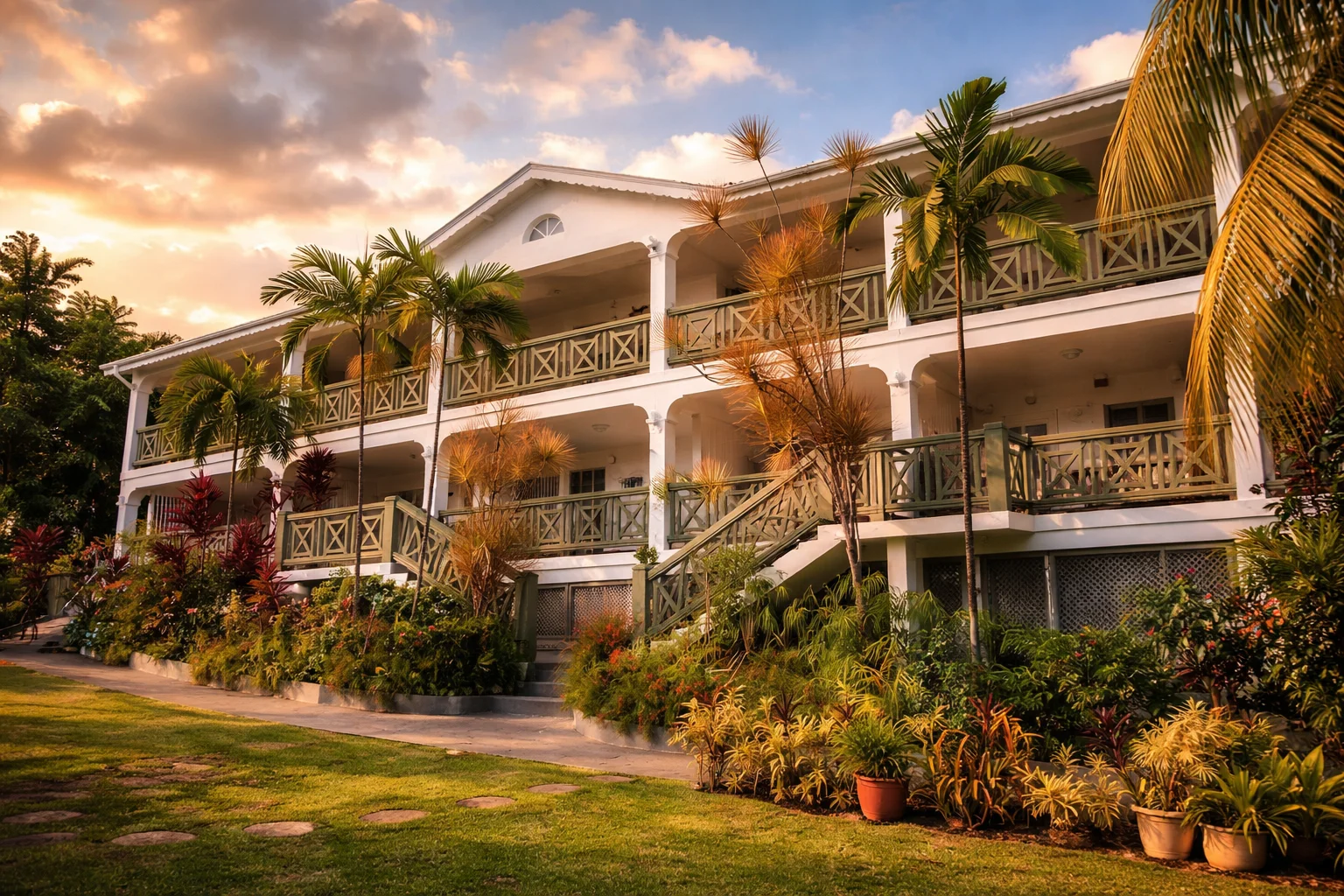 Beachcombers Hotel white Caribbean-style exterior with balconies, tropical gardens, and sunset lighting at VincyMas Hotels.