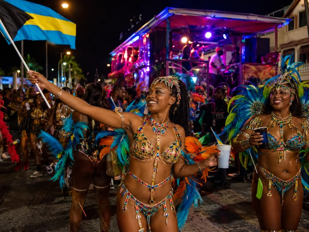 Masqueraders in sparkling feathered costumes celebrate Bahamas Carnival at night in Nassau with flags, music truck lights, and festive street energy.
