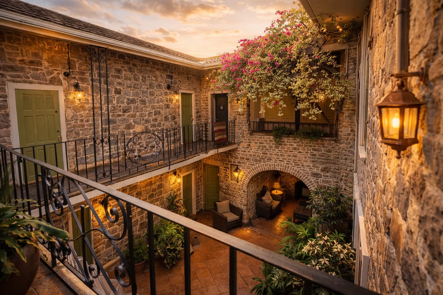 Cobblestone Inn exterior with teal railings, lush greenery, and warm sunset lighting at VincyMas Hotels in St. Vincent.