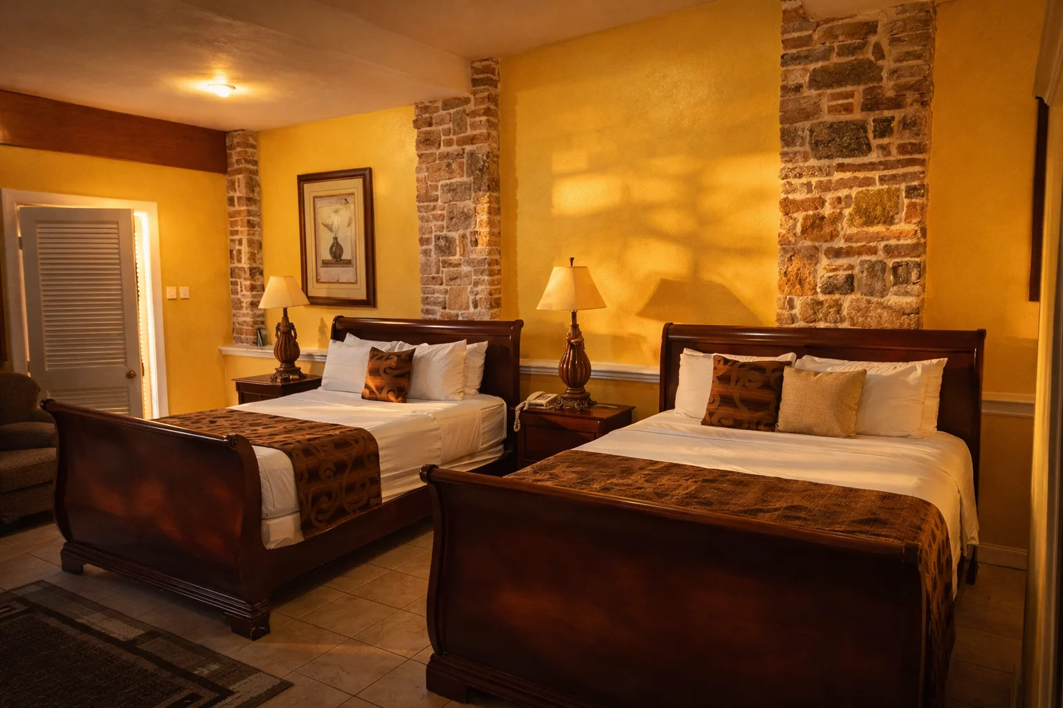 Cobblestone Inn Hotel twin bedroom with stone wall accents, warm lighting, and classic Caribbean decor at VincyMas Hotels.