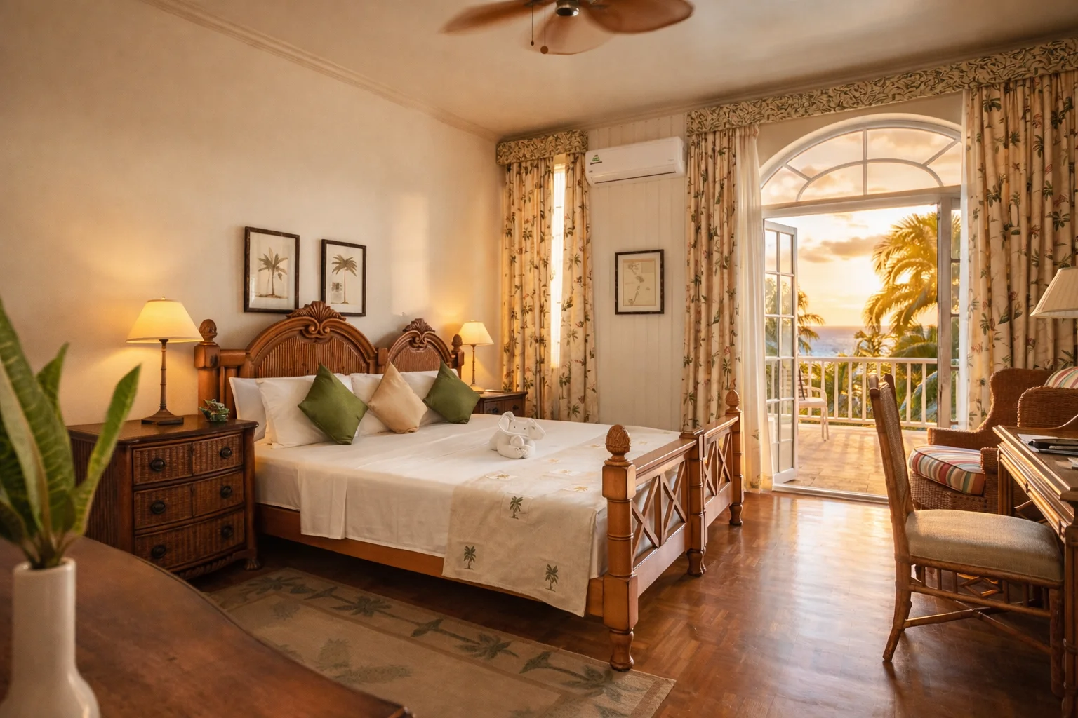 Grenadine House Hotel elegant room with warm Caribbean decor, wooden furnishings, and soft lighting at VincyMas Hotels in St. Vincent.