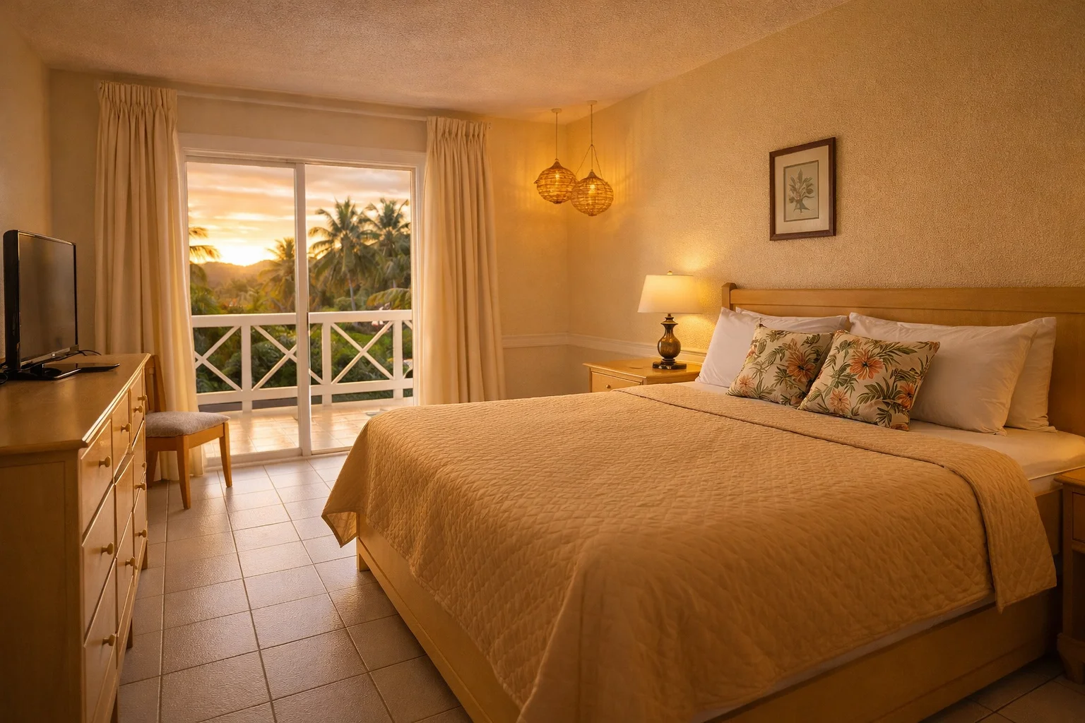 Paradise Beach Hotel bedroom with balcony, palm tree views, and warm lighting at VincyMas Hotels.