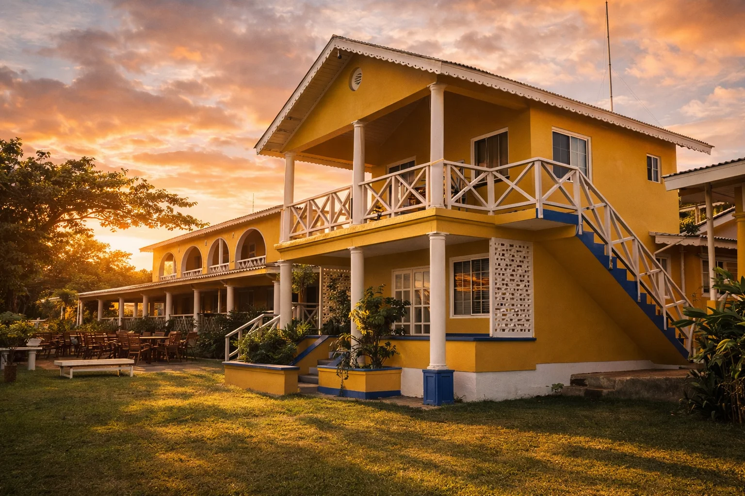 Paradise Beach Hotel yellow Caribbean-style building with balconies and outdoor dining area at VincyMas Hotels.