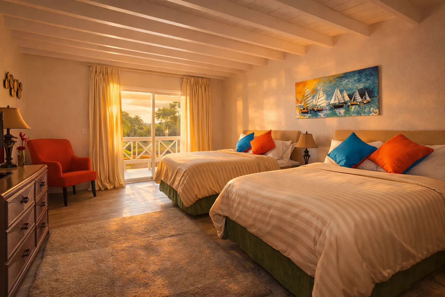 Sunset Shores Hotel double bedroom with balcony, tropical decor, and sunset lighting at VincyMas Hotels.