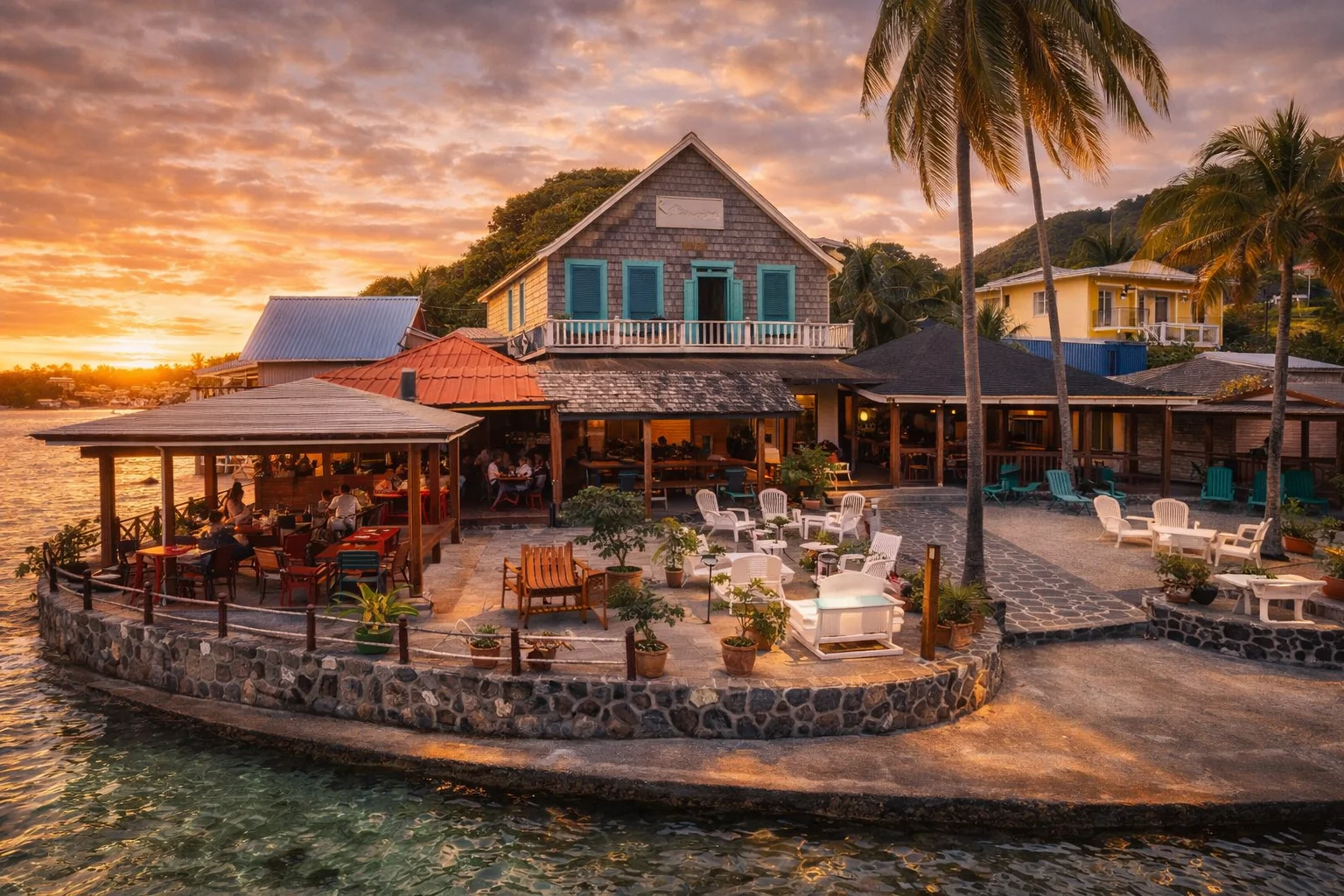 Blue Lagoon Hotel seaside restaurant and courtyard with ocean views and sunset ambiance at VincyMas Hotels.