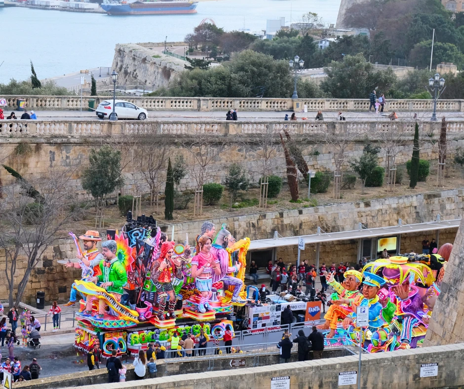 Colorful parade floats and performers during carnival in Malta celebrations in Valletta