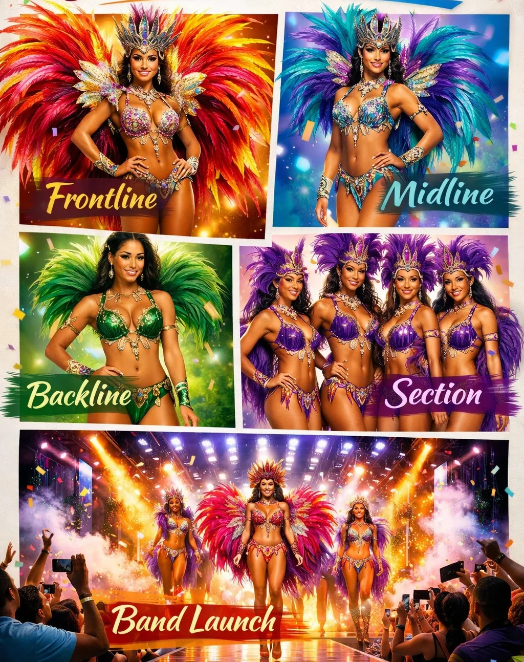 Infographic explaining Carnival terms including frontline, midline, backline, section, and band launch with feathered mas costumes and runway presentation.