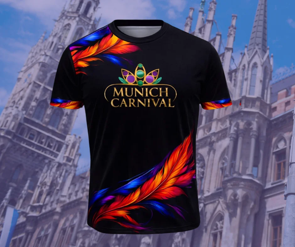 Black Munich Carnival 2026 t-shirt with vibrant multicolor feather design and gold logo on the front, carnival-themed apparel for festival wear