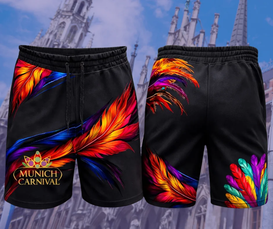 Munich Carnival 2026 black carnival shorts with bold multicolor feather print and logo, front and back view of festival outfit bottoms for parade wear