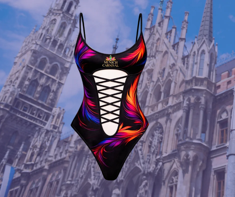 Munich Carnival 2026 women’s carnival bodysuit with colorful feather design, lace-up front detail and festival-ready swimwear style costume