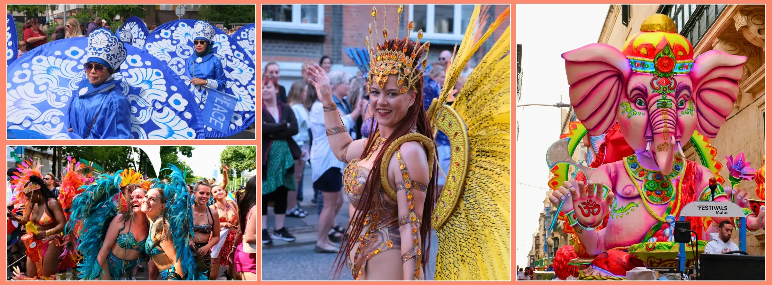 Featured image collage with carnival masqueraders, feather costumes, festival float and street parade moments from around the world
