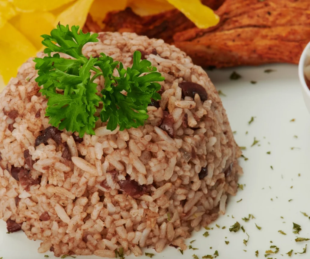 Close-up of Caribbean rice and peas with beans and herbs