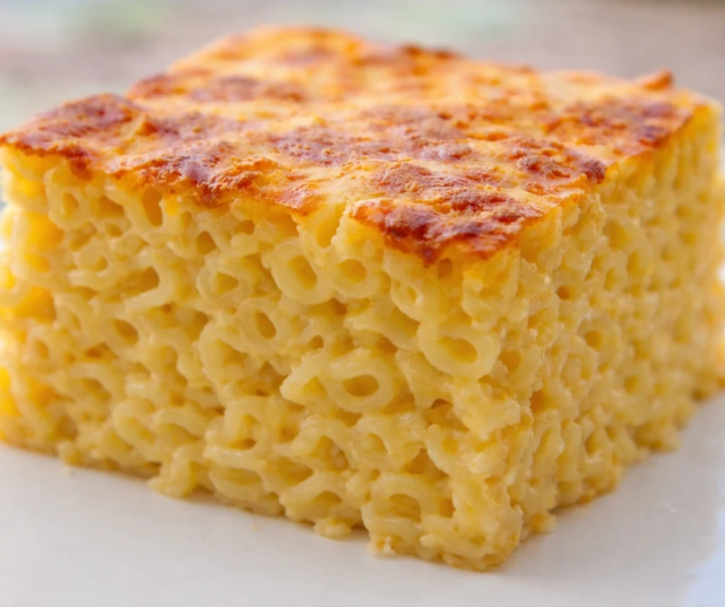 Slice of baked Bajan macaroni pie with golden crust