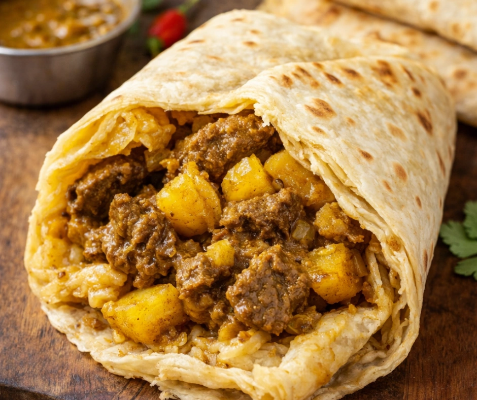 Guyanese roti filled with curried meat and potatoes