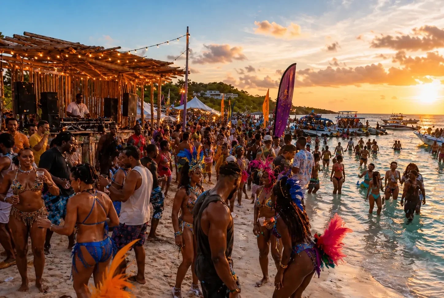 Crowd dancing on the beach with steelpan band and boats at sunset during Anguilla Summer Festival beach party