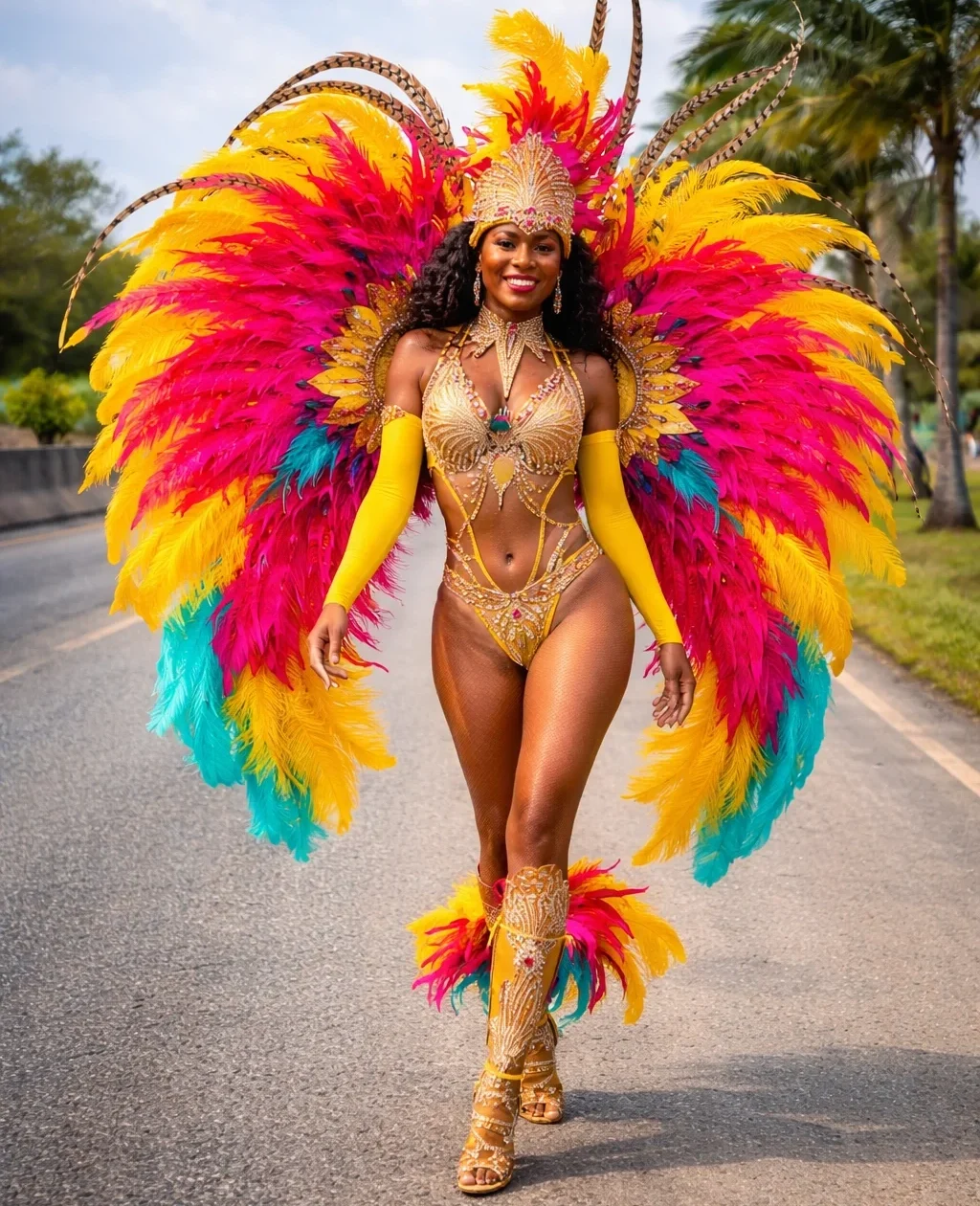 Woman in colorful feather costume during Barbados Crop Over Festival parade, part of vibrant Barbados tours experience
