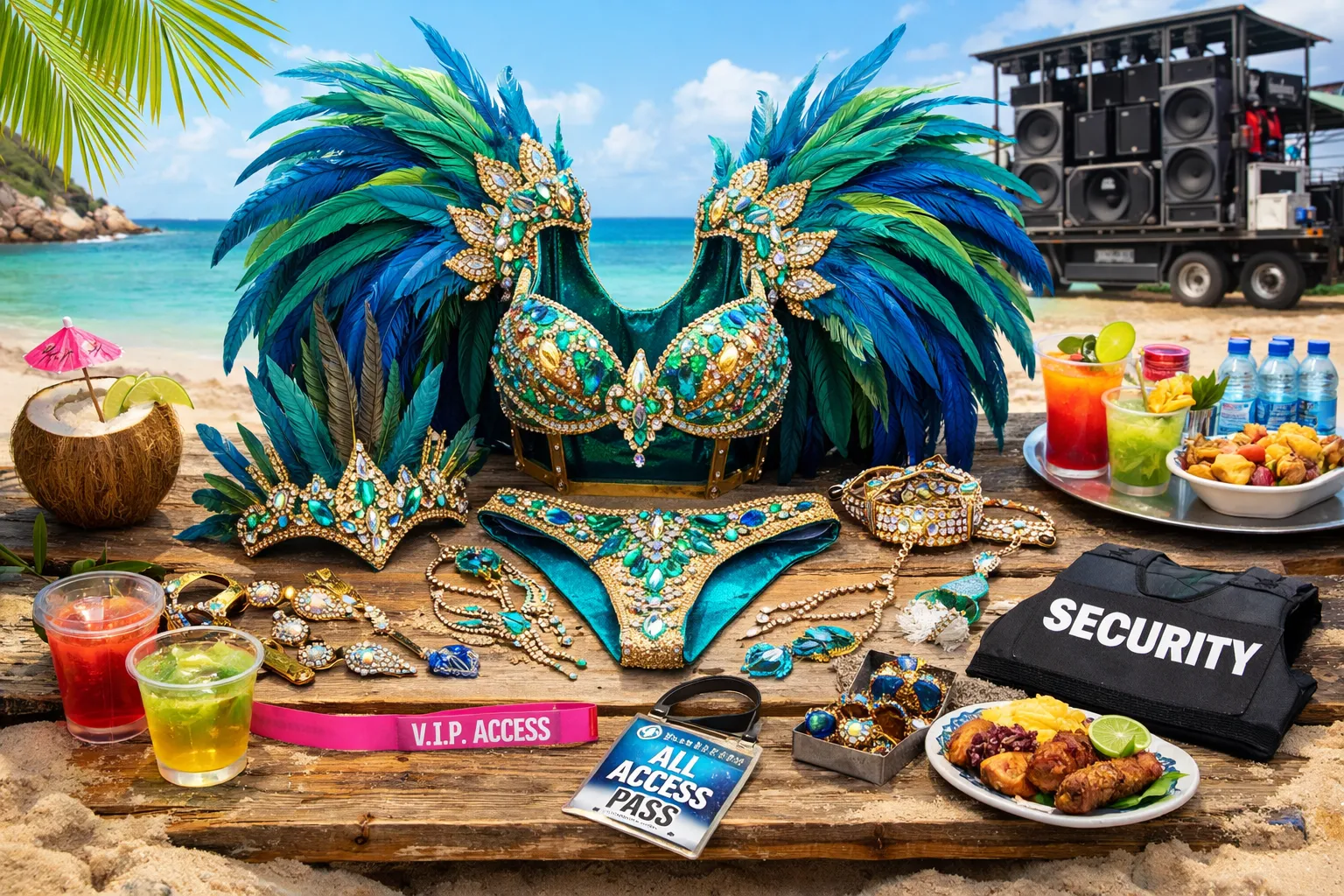 Carnival costume set with feathers, accessories, drinks, and VIP pass on a beach, illustrating what is included when purchasing and understanding how to get a carnival costume