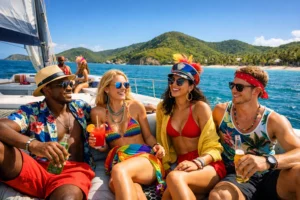 Stylish travelers enjoying a catamaran cruise in turquoise Caribbean waters during Antigua Carnival, showcasing one of the best tours to take during Antigua Carnival with vibrant festival vibes and scenic coastline