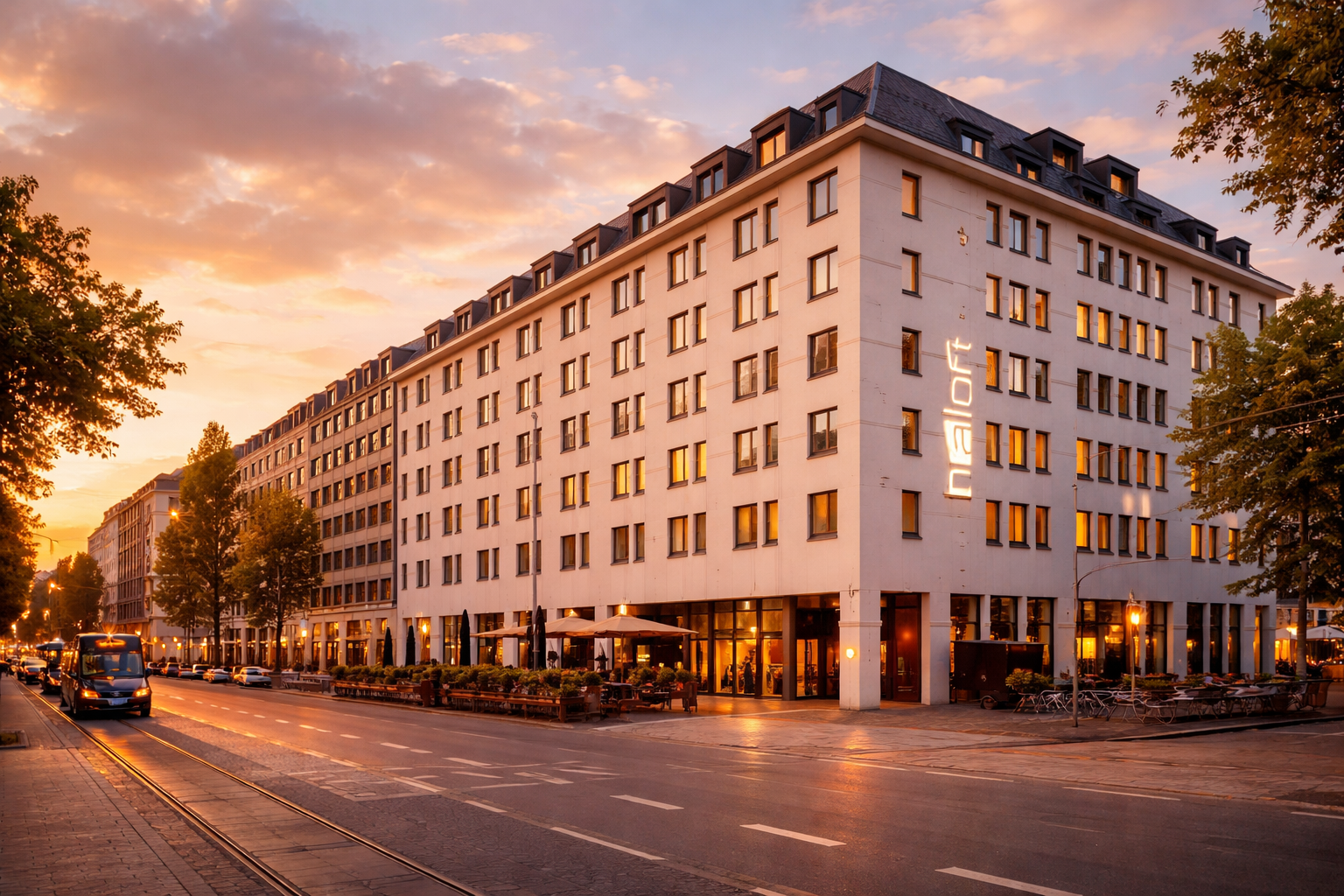 Modern Aloft Munich hotel building at golden hour with city street and tram, Munich Carnival 2026 atmosphere.