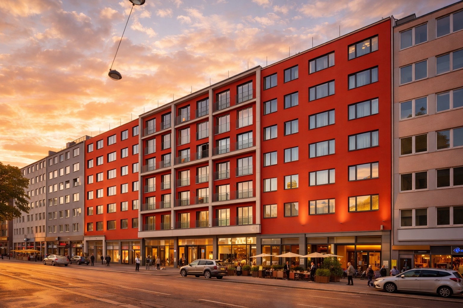 Red facade of Courtyard Munich City Center hotel with street view and evening lighting during Munich Carnival 2026.