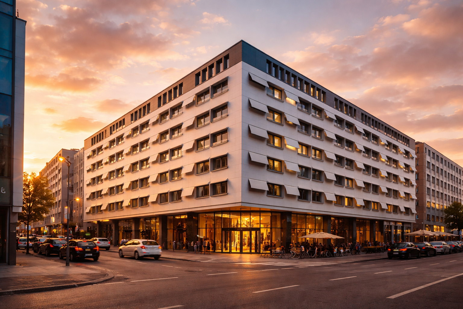 Contemporary Eurostars Book Hotel building on a busy Munich street at sunset, Munich Carnival 2026.