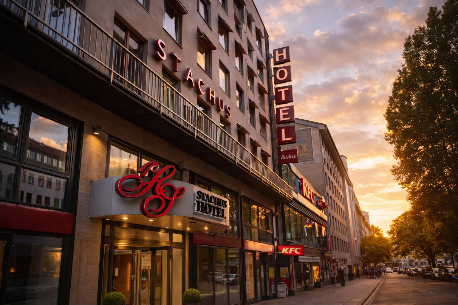 Street-level view of Stachus Hotel Munich with surrounding shops and warm sunset lighting during Munich Carnival 2026.