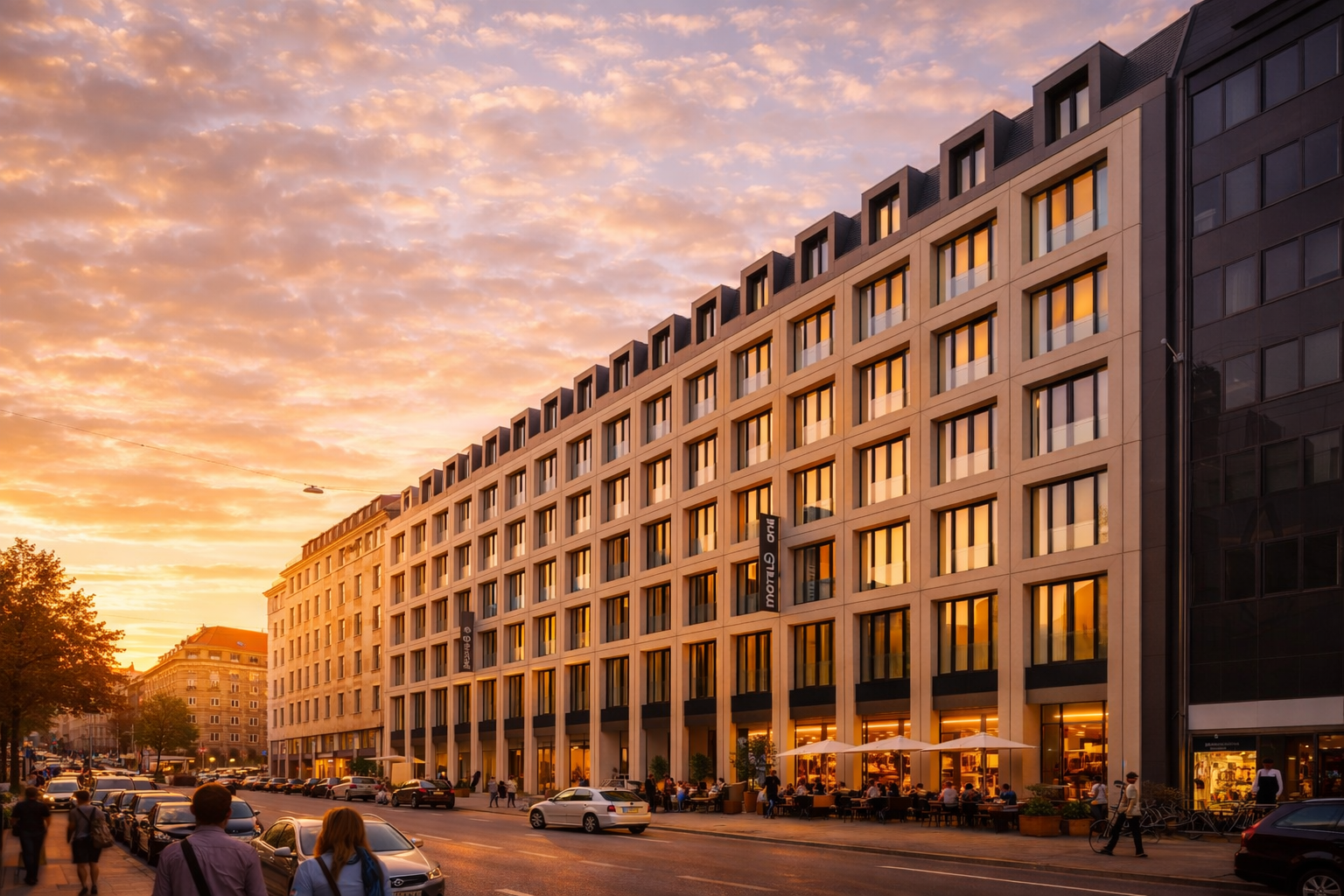 Long modern facade of Motel One Munich Hauptbahnhof with outdoor seating and evening glow during Munich Carnival 2026.